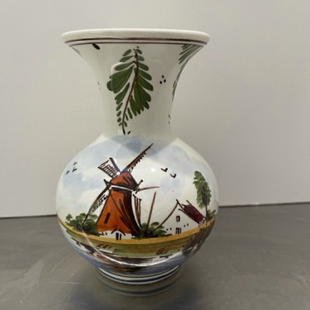 DP Delft Pottery Porcelain Vase 5.75" Windmill